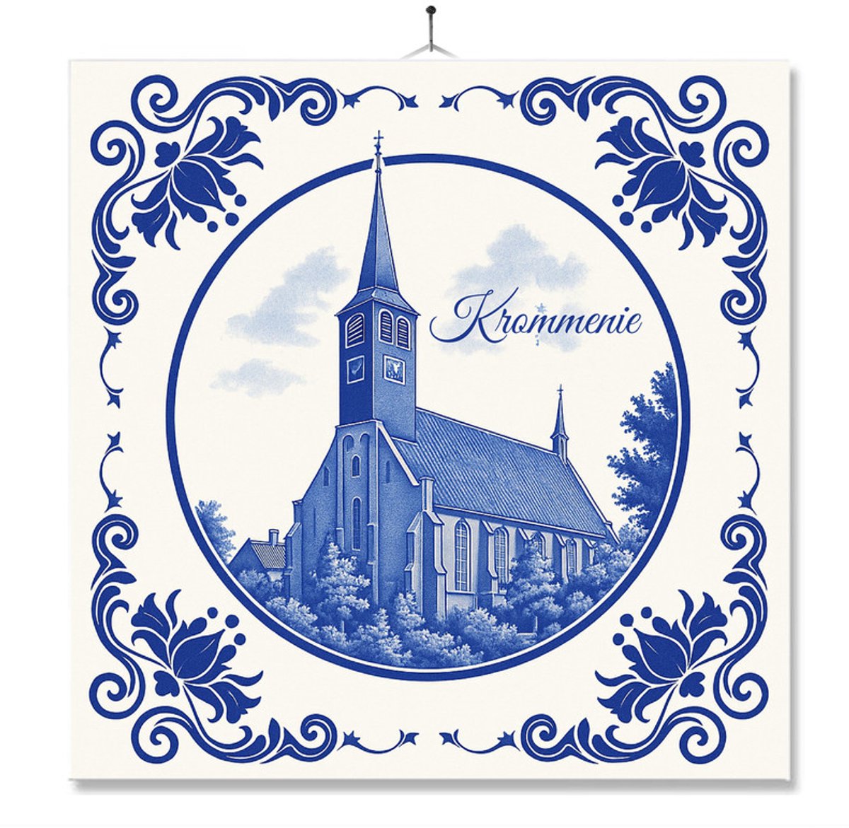 Tegel Met Opdruk | Krommenie | Delft Blauw | Cadeau | Inclusief Geschenkdoos | Standaard | Ophangsysteem