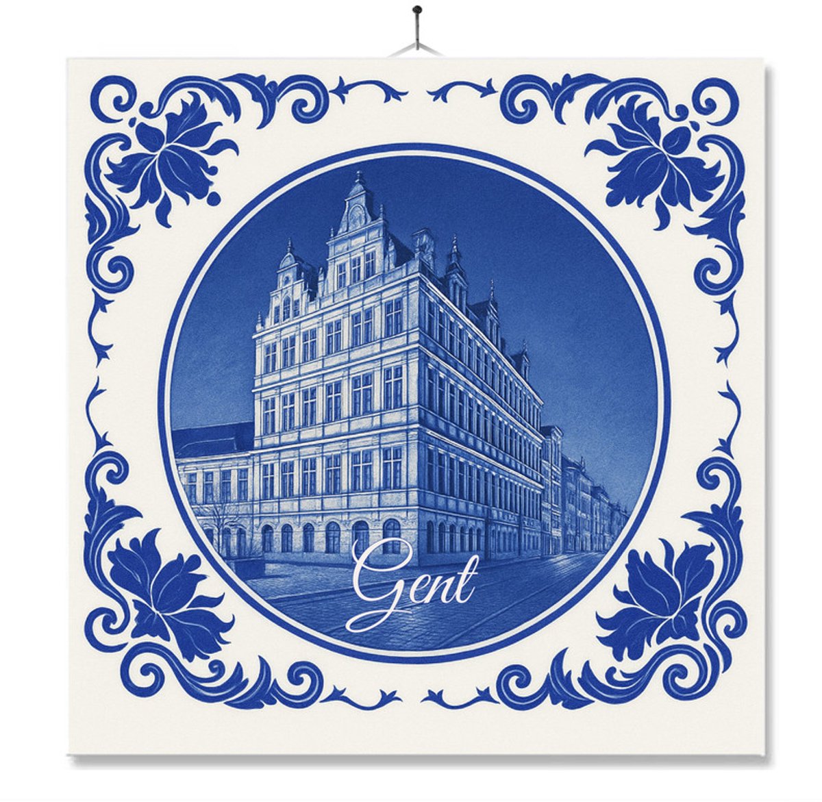Tegel Met Opdruk | Gent | Delft Blauw | Cadeau | Inclusief Geschenkdoos | Standaard | Ophangsysteem