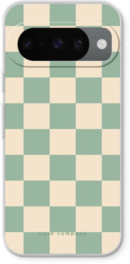 Telefoonhoesje met mintgroene en crèmekleurige ruiten.