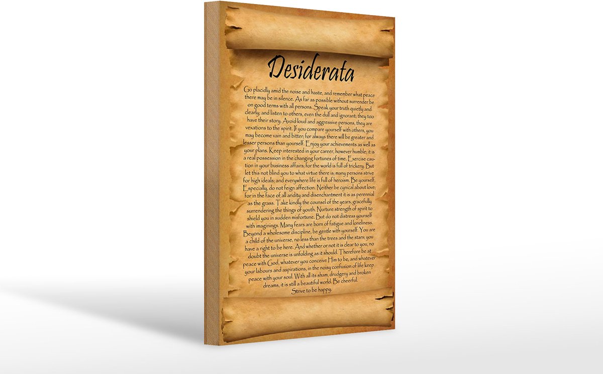 Houten bordje met engels tekst 20x30cm Desiderata gedicht