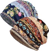 Bonnet de chimiothérapie 2 pièces pour femme, foulard en kanten , bandeau ultra doux et décontracté, coiffe - Marron et bleu