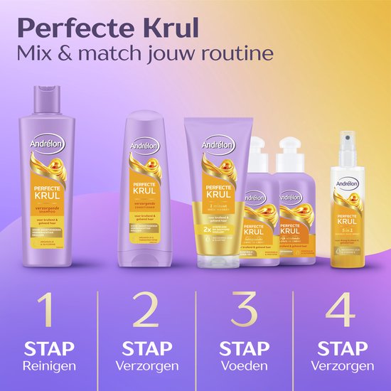 Vier Andrélon "Perfecte Krul" producten: fles, conditioner, masker en spray. Vier stappen: Reinigen, Verzorgen, Voeden, Styling.