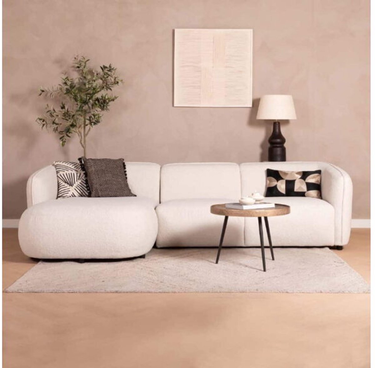 Hoekbank Valerie Bouclé met Chaise Longue Links 279x150 cm – Beige - Japandi