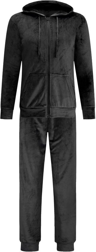 Zwart fluwelen joggingpak: capuchonvest met rits en zakken, en joggingbroek.