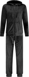Zwart fluwelen joggingpak: capuchonvest met rits en zakken, en joggingbroek.