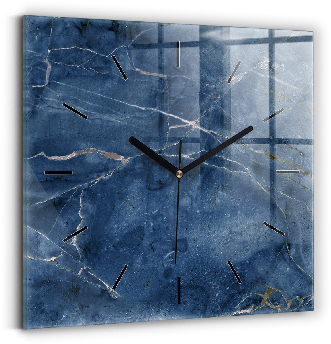 Wallfluent Wandklok - Blauwe marmertextuur Klok met Print - 30 cm x 30 cm - Blauw Wandklok - Zwarte Handen - Wandklok Zonder Cijfers - Stille Wandklok Slaapkamer - Vierkante Glas Klok - Minimalistisch Wandklok - Klok met Afbeelding