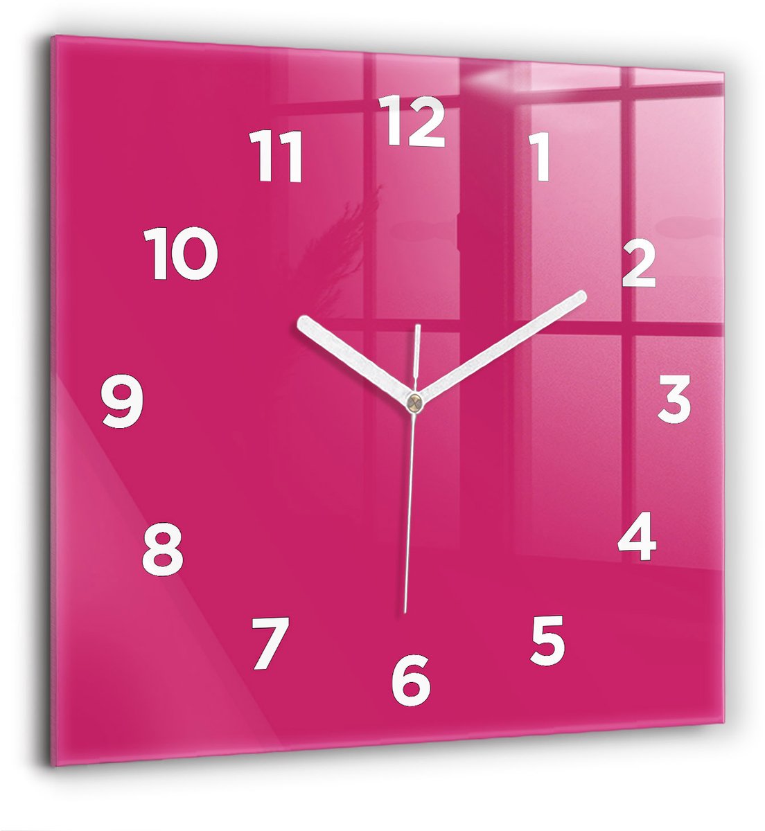 Wallfluent Wandklok - Roze Vierkante Glazen Wandklok - 60 cm x 60 cm - Roze Wandklok - Witte Handen - Wandklok Met Cijfers - Wandklok Glas Woonkamer - Vierkante Glas Klok - Scandinavisch Wandklok - Vierkante Glazen Klok