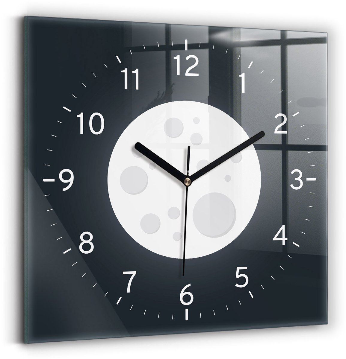 Wallfluent Wandklok - Volle maan Unieke Wandklok - 30 cm x 30 cm - Zwart Wandklok - Zwarte Handen - Wandklok zonder cijfers - Wandklok Glas Woonkamer - Unieke Wandklok - Minimalistische Klok - Decoratieve Wandklok