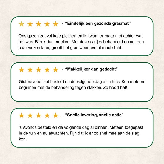 Klantbeoordelingen met sterren. Beoordelingen over gezonde grasmat, makkelijke toepassing en snelle levering van aaltjes.