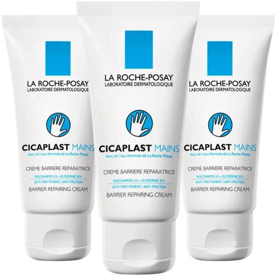 Drie witte tubes La Roche-Posay Cicaplast Mains crème met blauwe en zwarte tekst, naast elkaar geplaatst.