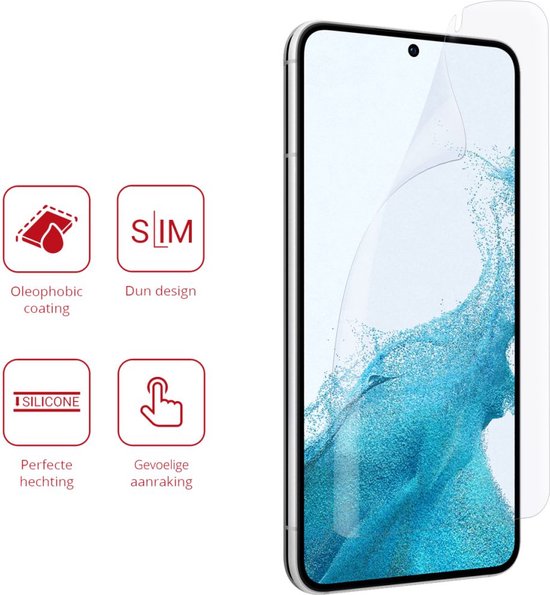 Een ultraduidelijke TPU-schermbeschermer op een mobiele telefoon, met pictogrammen voor oleofobe coating, dun ontwerp en gevoelige aanraking.