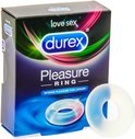 Durex Pleasure Ring. De ring is doorzichtig met een blauwe en witte helft.