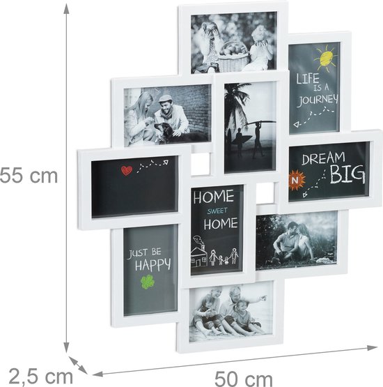 Witte fotolijst met 9 vakjes: 7 voor foto's en 2 met tekst 'Home Sweet Home', 'Just Be Happy', 'Life Is A Journey' en 'Dream Big'. Afmetingen 55 x 50 cm.