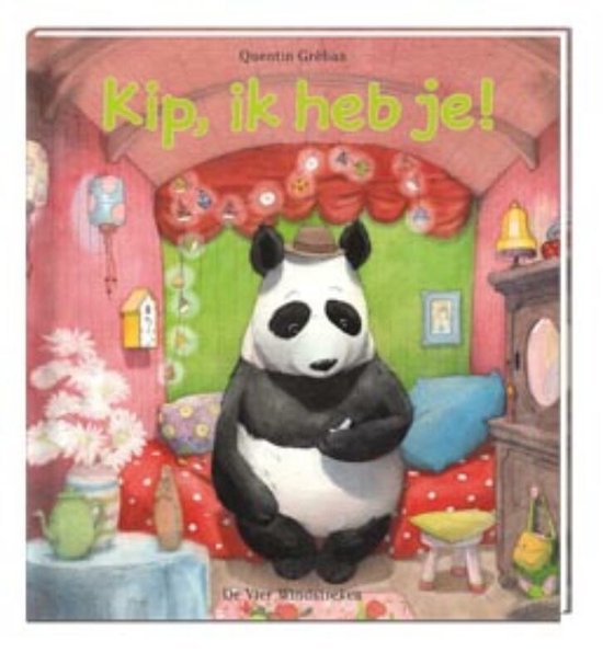 Een panda met hoed in een roze en groene caravan, de titel 'Kip, ik heb je!' is zichtbaar.