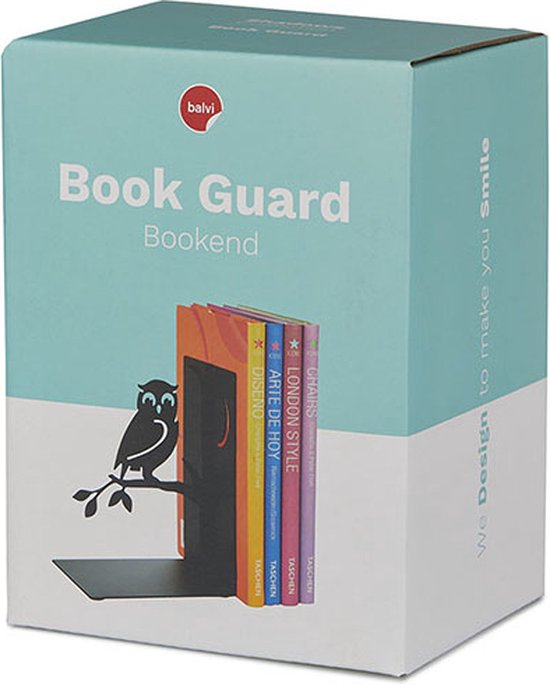 Verpakking van de 'Book Guard Bookend' met een afbeelding van de zwarte uilenboekensteun.
