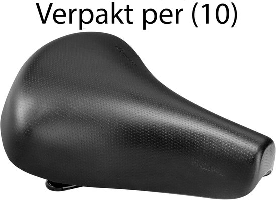 Zwart fietszadel met een geperforeerd oppervlak, 'Verpakt per (10)' en 'Holland'.