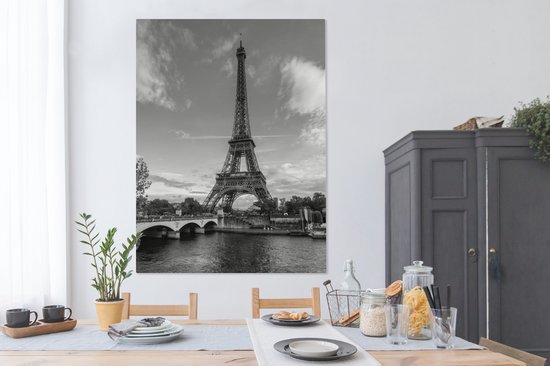 Toile Peinture Tour Eiffel vue de la Seine - noir et blanc - 120x160 cm - Décoration murale XXL
