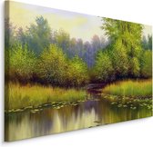 Schilderij - Bos in de Lente, Rivier, groen, Premium Print