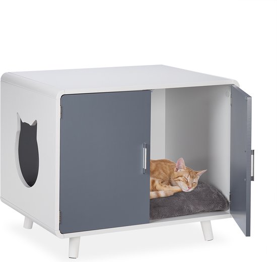 Relaxdays kattenbak ombouw design - kattenhuis op pootjes - kattenmeubel wit - kattenkast