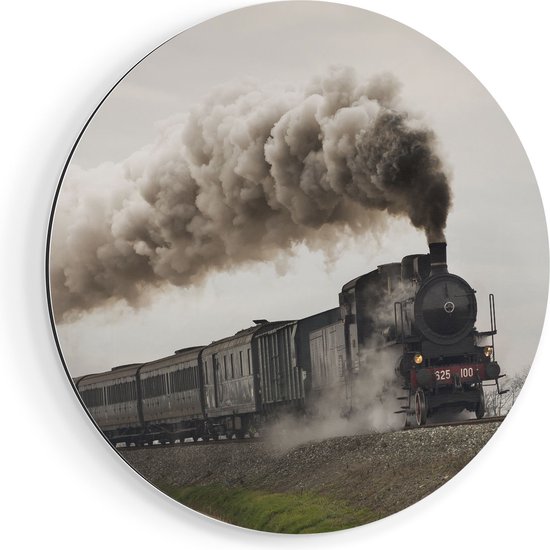 Artaza Dibond Wall Circle Locomotive Train avec Nuages de Fumée - Ø 60 cm - Wall Circle - Peinture Ronde - Pour Intérieur et Extérieur