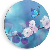 Artaza Dibond Muurcirkel Blauwe Vlinder Bij Een Roze Bloem  - Ø 90 cm - Groot - Wandcirkel - Rond Schilderij - Voor Binnen en Buiten