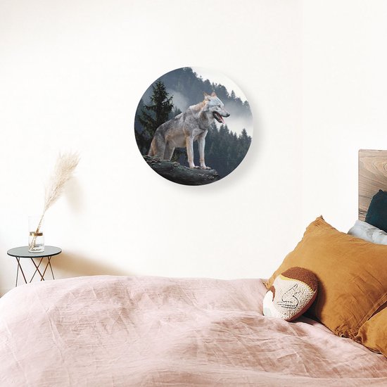 Artaza Dibond Cercle Mural Loup Gris Dans Les Forêts - Ø 70 cm - Cercle Mural - Tableau Rond - Pour Intérieur et Extérieur