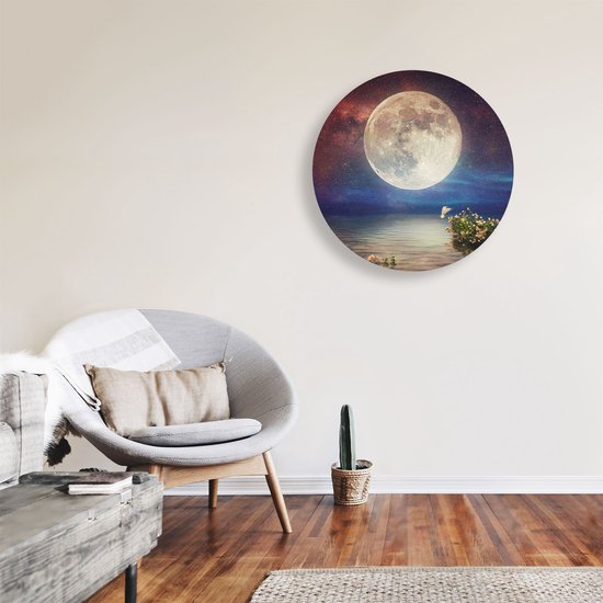 Artaza Dibond Cercle Mural Pleine Lune dans le Ciel au-dessus de l' Water - Ø 70 cm - Cercle Mural - Tableau Rond - Pour Intérieur et Extérieur