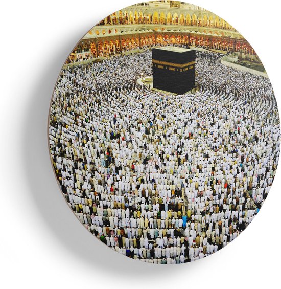 Artaza Houten Muurcirkel - Zwarte Steen in Mekka met Biddende Moslims - Ø 90 cm - Groot - Multiplex Wandcirkel - Rond Schilderij