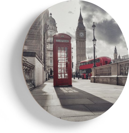 Artaza Muurcirkel - Rode Telefooncel in Londen bij de Big Ben - Wandcirkel - Rond Schilderij