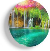 Artaza Houten Muurcirkel - Waterval Met Roze En Groene Bloemen - Ø 70 cm - Multiplex Wandcirkel - Rond Schilderij