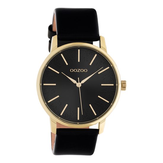 OOZOO Timepieces - goudkleurige horloge met zwarte leren band - C10839 - Ø40