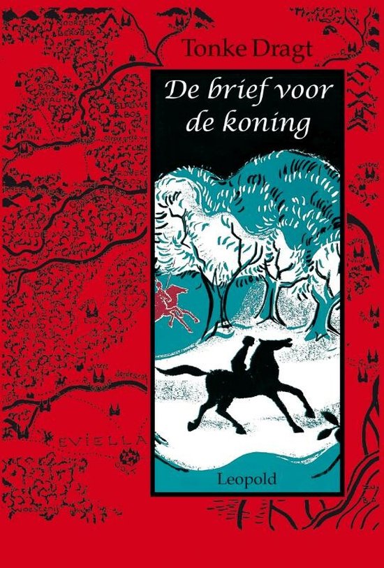 Boek "De brief voor de koning" met op de voorkant een ruiter te paard voor een bos onder een rode kaart.