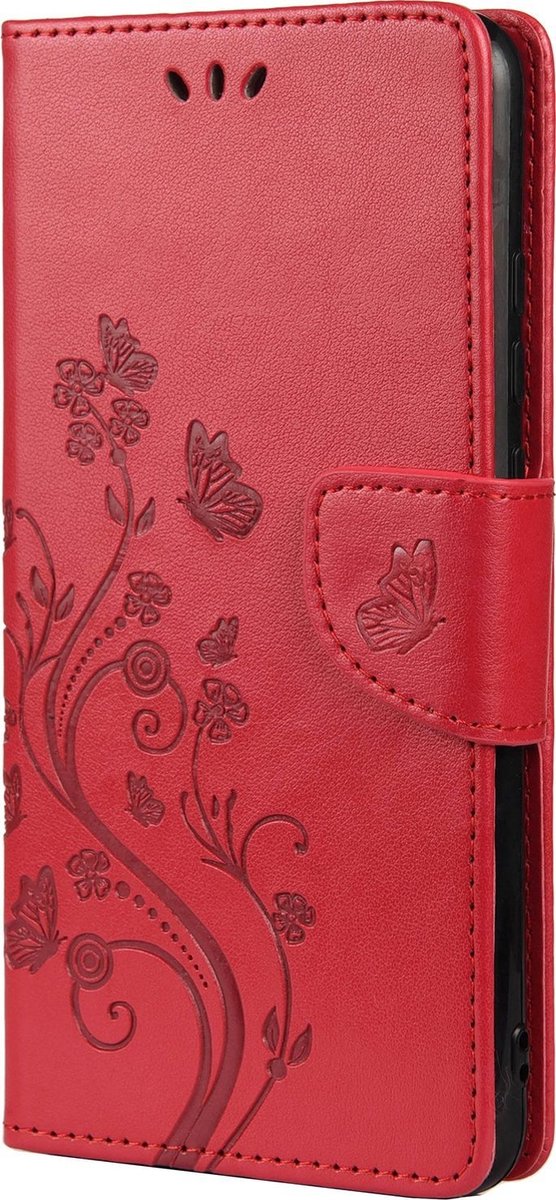 Mobigear Telefoonhoesje geschikt voor Xiaomi Redmi Note 10 5G Hoesje | Mobigear Flowers Bookcase Portemonnee | Pasjeshouder voor 2 Pasjes | Telefoonhoesje voor Pinpas / OV Kaart / Rijbewijs - Rood