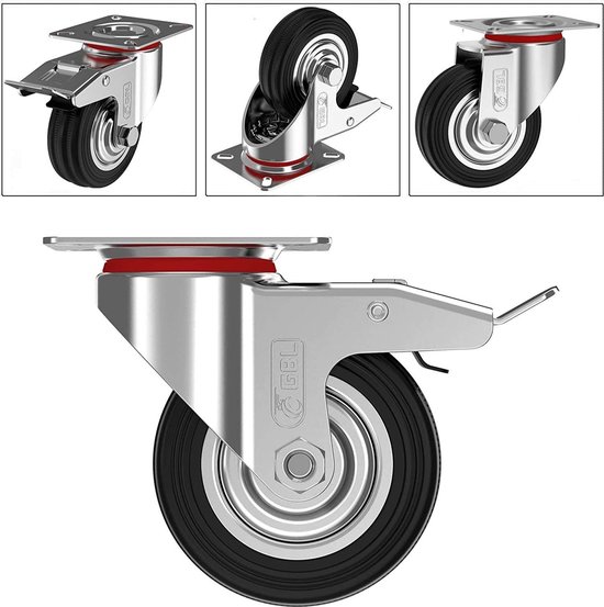 GBL® 4 Roulettes 75mm + Vis | Roulettes Heavy Duty 200KG - Roulettes Pivotantes Pour Meubles | Roues pivotantes pour Trolley - Roulettes pivotantes pour meubles avec frein - Roues de Roues de transport
