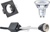 LED Spot Set - GU10 Fitting - Inbouw Vierkant - Mat Zwart - Kantelbaar 80mm - Philips - CorePro 827 36D - 5W - Warm Wit 2700K - Dimbaar