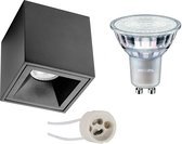 Opbouwspot Set - Pragmi Cliron Pro - GU10 Fitting - Opbouw Vierkant - Mat Zwart - Verdiept - 90mm - Philips - MASTER 927 36D VLE - 3.7W - Warm Wit 2200K-2700K - DimTone Dimbaar - BSE