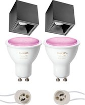 Pragmi Cliron Pro - Opbouw Vierkant - Mat Zwart - Verdiept - 90mm - Philips Hue - Opbouwspot Set GU10 - White and Color Ambiance - Bluetooth - BSE