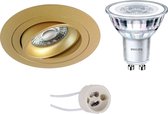 LED Spot Set - Pragmi Alpin Pro - GU10 Fitting - Inbouw Rond - Mat Goud - Kantelbaar - Ø92mm - Philips - CorePro 827 36D - 4W - Warm Wit 2700K - Dimbaar - BSE