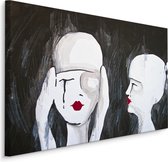 Schilderij - Abstract portret van twee Vrouwen, zwart, wit, rood