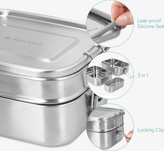 Boîte à pain en acier inoxydable Navaris 3 pièces - Ensemble de 3 pièces - Plateau de préparation de repas - Boîte de produits frais - Boîte à lunch double - Passe au lave-vaisselle