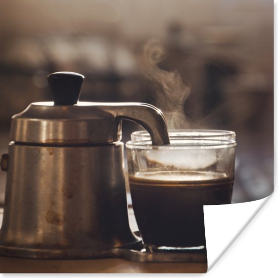 Poster Une petite cafetière avec deux tasses de café - 100x100 cm XXL