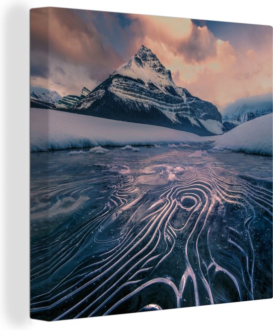 Tableau sur toile Paysage d'hiver avec glace au coucher du soleil - 90x90 cm - Décoration murale