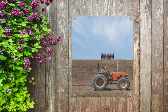 Tableau jardin Fermier avec tracteur et chevaux - 60x80 cm - Affiche jardin - Toile jardin - Affiche extérieur