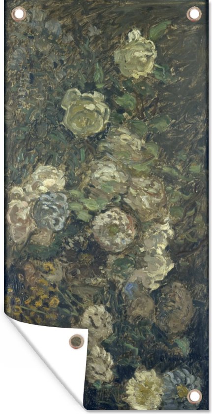Décoration murale murale d'extérieur Roses fleuries - Peinture de Claude Monet - 80x160 cm - Toile de jardin