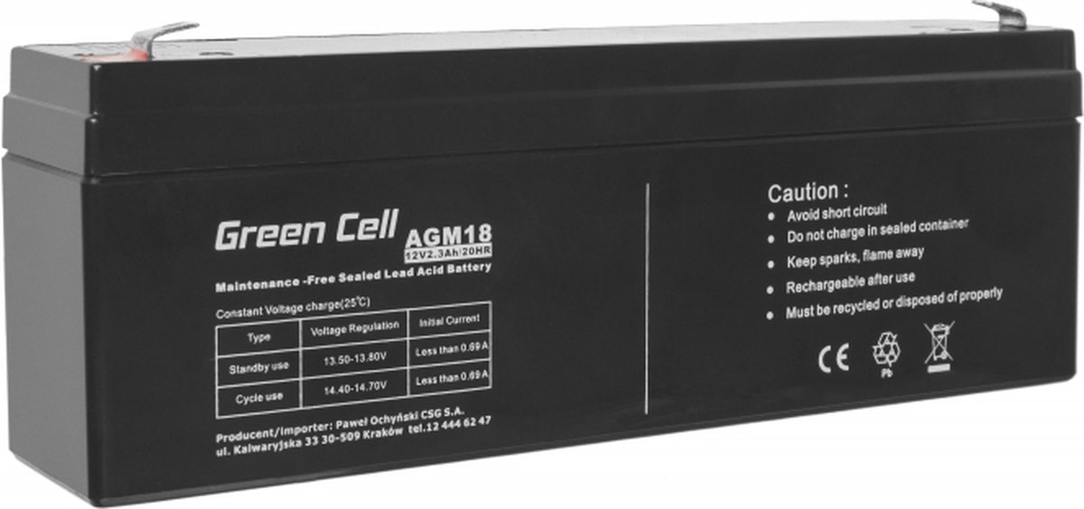 Green Cell 12V 2.3Ah (4.6mm) 2300mAh VRLA AGM accu