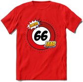 66 Jaar Hoera Verkeersbord T-Shirt | Grappig Verjaardag Cadeau | Dames - Heren | - Rood - S