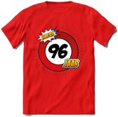 96 Jaar Hoera Verkeersbord T-Shirt | Grappig Verjaardag Cadeau | Dames - Heren | - Rood - S