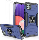 Samsung A22 Hoesje Heavy Duty Armor Hoesje Blauw - Galaxy A22 / M22 hoesje 4G Case Kickstand Ring cover met Magnetisch Auto Mount- Samsung A22 4G screenprotector 2 pack