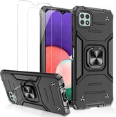 Samsung A22 Hoesje Heavy Duty Armor Hoesje Zwart - Galaxy A22 4G Case Kickstand Ring cover met Magnetisch Auto Mount- Samsung A22 4G screenprotector 2 pack