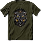 Wolf - Dieren Mandala T-Shirt | Geel | Grappig Verjaardag Zentangle Dierenkop Cadeau Shirt | Dames - Heren - Unisex | Wildlife Tshirt Kleding Kado | - Leger Groen - L